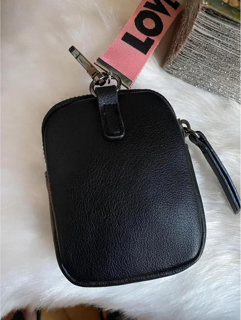 Black Women's mini Bag with Pink LOVE Strap_2